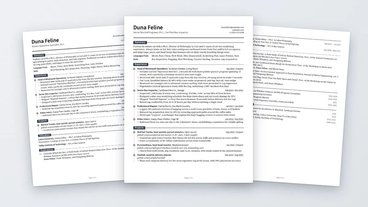 Three sample resume pages from the template